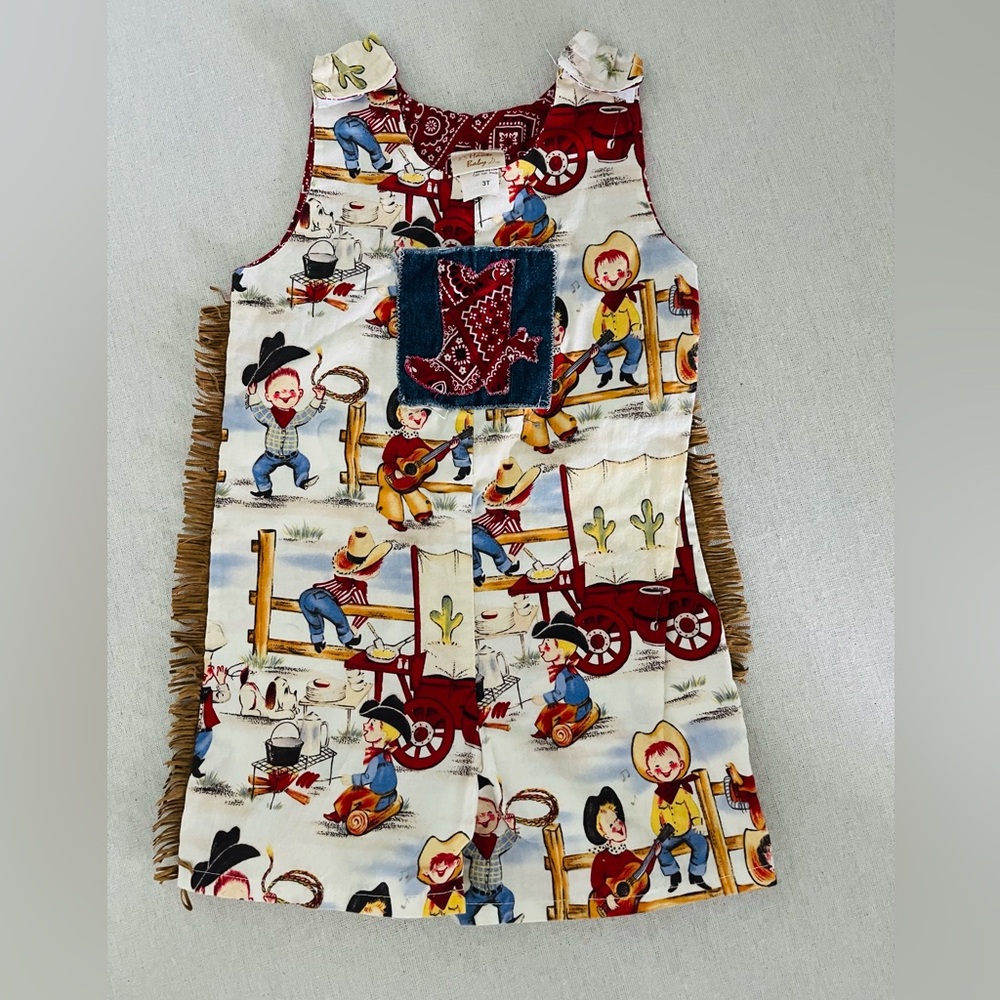 Chuck wagon gang Cotton Cowboy Print One-Piece romper-Red & Blue w fringe
